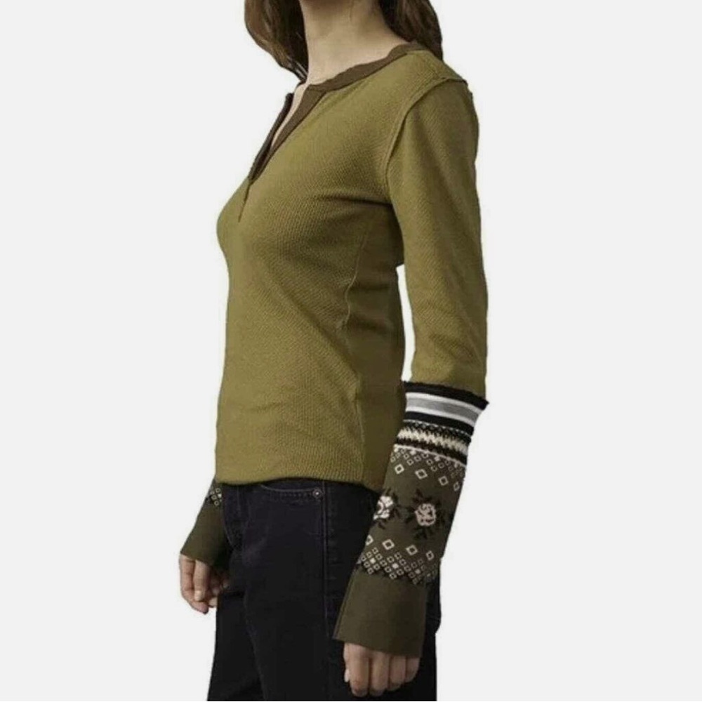 Free People Olive and Brown Patterned Long Sleeve Top - Picture 7 of 12
